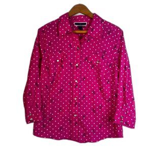 Karen Scott Dragonfly Polka Dot Shirt Button Front Casual 100% Cotton Size Large